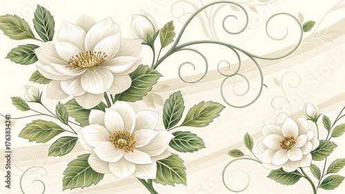 Elegant floral arrangement featuring white blossoms and decorative swirls on a light background  custom 3d photo wallpaper panaflex design for wall hd background