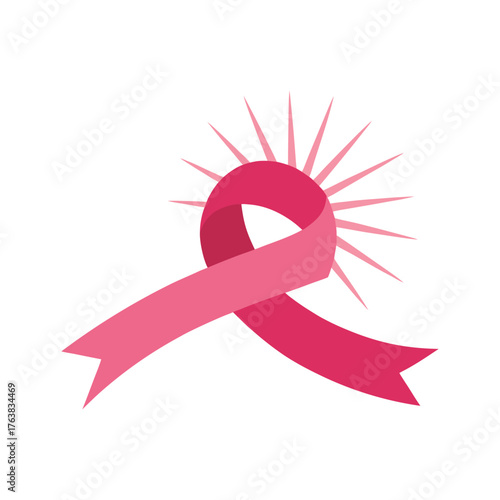Pink ribbon with sunburst symbol for breast cancer awareness support and hope
