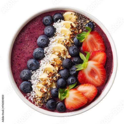 bowl filled with granola topped with banana slices, kiwi, blueberries, and strawberries, isolated on transparent background