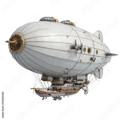 An old, rusted steam-powered airship with a weathered exterior, isolated on transparent background