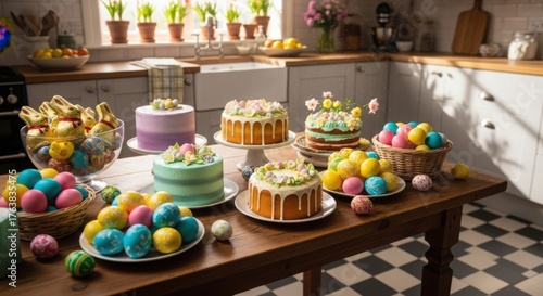 Wallpaper Mural Easter Cakes and Colorful Eggs on Wooden Table in Bright Kitchen isolated on White Background Torontodigital.ca