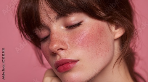 Fototapeta Naklejka Na Ścianę i Meble -  Image of a lovely woman with closed eyes highlighting red veins on her cheeks Pink backdrop Space for text Rosacea therapy idea