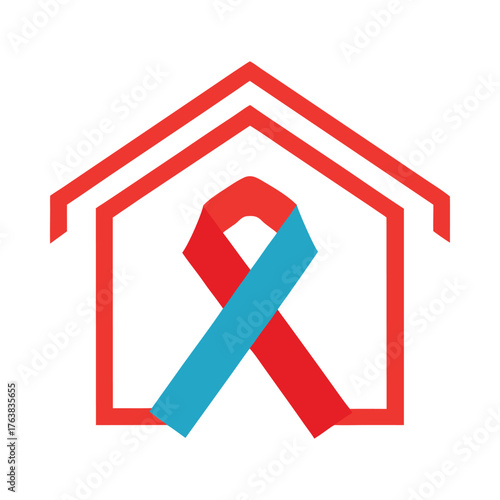 Red and blue awareness ribbon inside red house outline symbolic of support