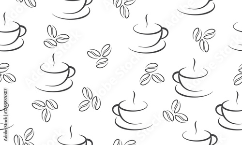 Cup of coffee and coffee beans seamless pattern. Coffee background.
