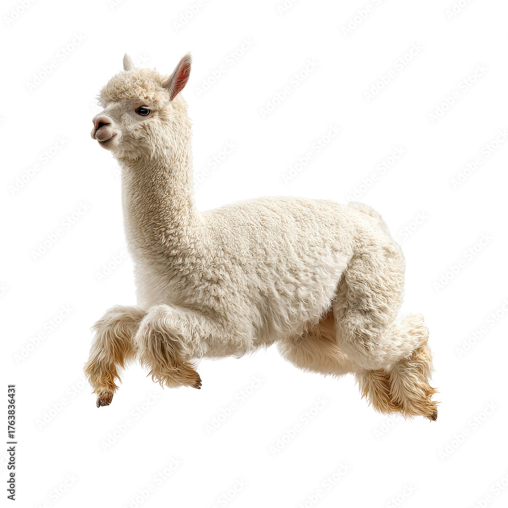 Obraz premium white alpaca is seen running swiftly, isolated on transparent background