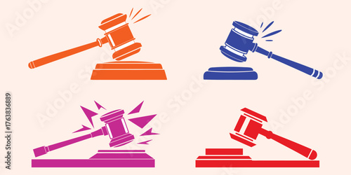 Gavel. Judge. Law. A colorful modern flat vector icon set of a judge's or auctioneer's gavel for a law firm's branding, a legal website, or a justice system infographic design asset.