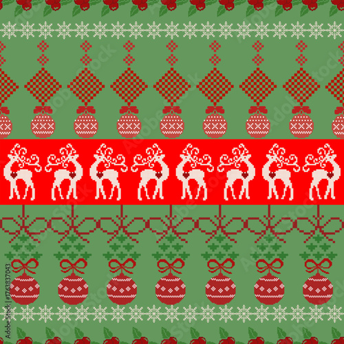 Christmas holiday elements reindeer, and sleighs. Ideal for festive gift wrapping, textile design, winter wallpaper, or ugly sweater prints. Traditional knit classic styles included.