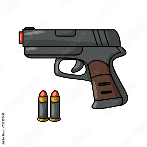Black automatic handgun with a metal barrel and trigger, lying next to bullets on a white background, symbolizing military and police securityBlack automatic handgun with a metal barrel and trigger, l