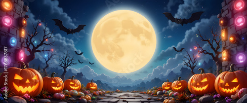 3D cartoon Halloween landscape with magical night sky, full moon, smiling pumpkins, flying bats, and colorful candy lights on both sides