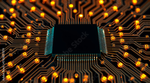 Futuristic Microchip with Glowing Orange Circuit Network on Dark Background