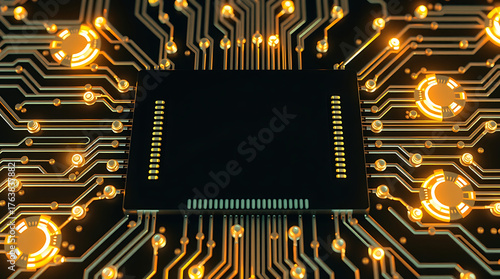 Advanced Processor Chip with Illuminated Circuit Paths and Gold Glow