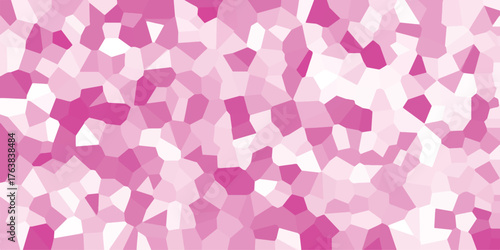 Pink and white geometric mosaic pattern with irregular polygonal shapes creating a bright and cheerful abstract background for design and decoration