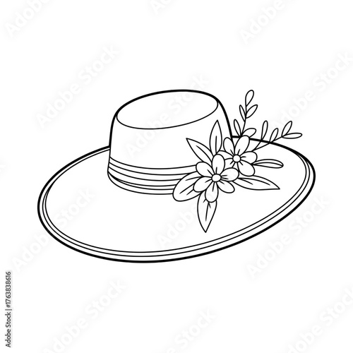 Beautiful Flower Hat Coloring Page – Elegant Summer Fashion Line Art 