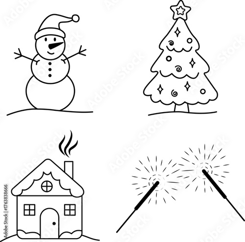 A New Year vector set with a snowman, a Christmas tree, a house and sparklers. Vector illustration for the new year.