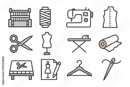 Sewing tools and garment making icons in linear style for fashion design projects