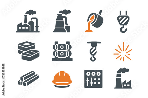 Industrial icons set featuring factories, tools, and safety equipment in minimalist style