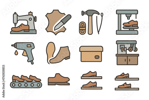 Shoemaking tools and equipment icons set in flat style for craftsmanship and industrial artisanship