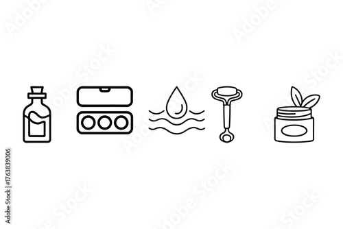 Skincare And Beauty Icons With Droplet Roller And Cream Jar On White Background Keywords: skincare
