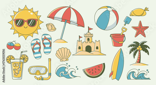 Colorful Summer Beach Vacation Icons Collection Sand, Sun, and Seaside Fun
