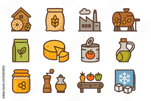 Grocery and food icons set featuring bakery, cheese, oil, canned goods, and more