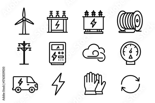 Energy icons set featuring wind turbine, power station, and electrical equipment in linear style