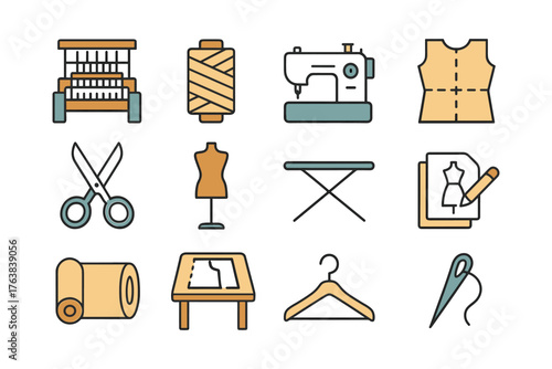 Sewing craft icons: machines, tools, and patterns in a flat design