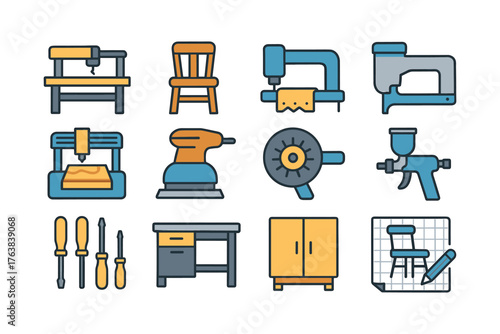 Workshop tools set with flat design: includes drill, sander, and sewing machine