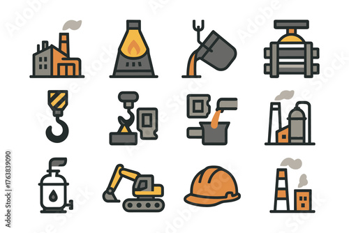 Industrial manufacturing icons set featuring flat design elements for factories and heavy machinery