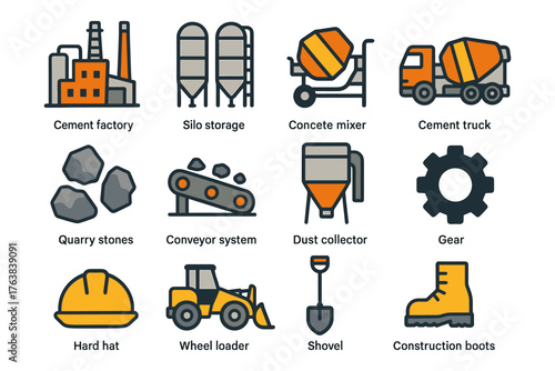 Industrial equipment icons set featuring construction and manufacturing tools