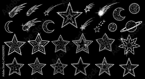 Collection of Sparkling Stars, Planets, and Comets on a Black Background