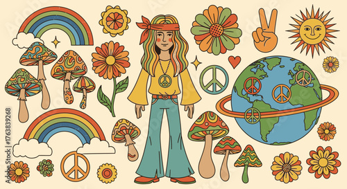 Groovy retro 70s collection of hippie culture elements, featuring a woman, peace signs, rainbows, sun, Earth, vibrant flowers, and psychedelic mushrooms