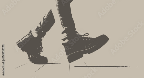 Stylized monochrome illustration capturing the powerful, rhythmic stride of a person in durable boots, symbolizing forward momentum and the journey ahead