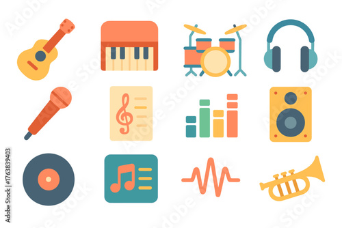 Colorful music icons collection featuring instruments and audio equipment