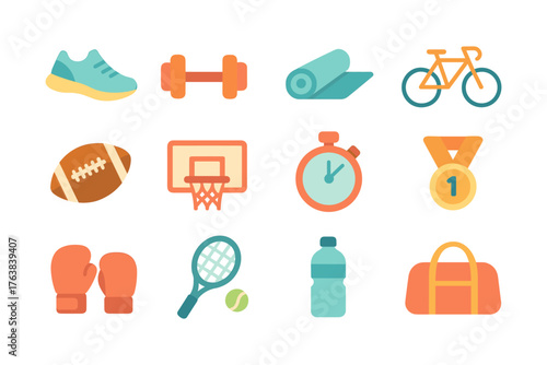 Fitness and sports equipment icons in colorful flat design