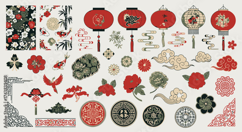 Ornate collection of traditional Asian design elements featuring Chinese lanterns, peonies, a phoenix, and auspicious symbols for cultural decoration