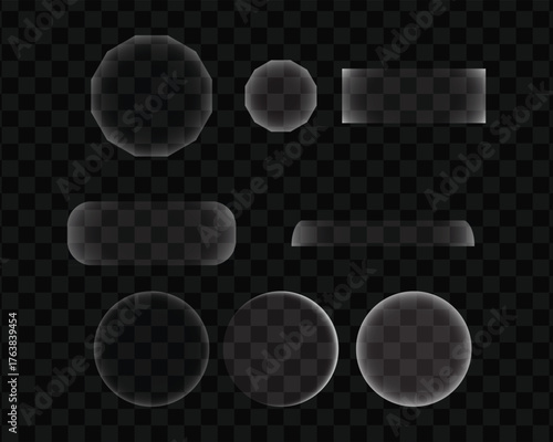 Collection of abstract geometric shapes and elements with transparent effects on a dark checkered background