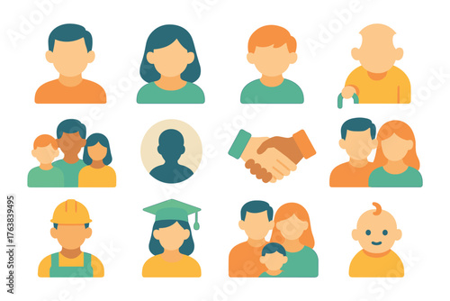 Diverse flat icons featuring people of different ages and professions