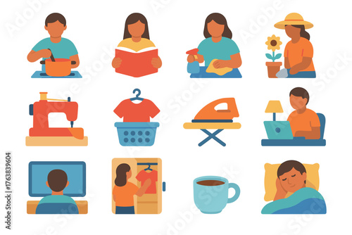 Daily routine activities: cooking, gardening, and relaxation in modern flat style