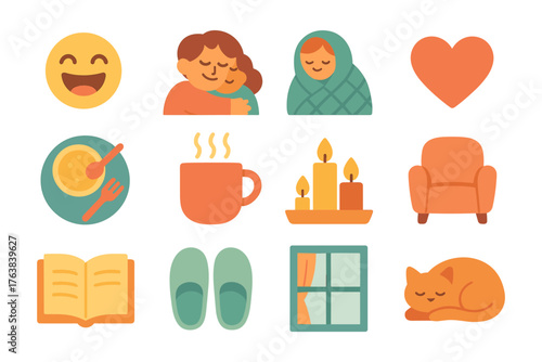 Cozy elements collection: warm emotions and comfort symbols for home and heart