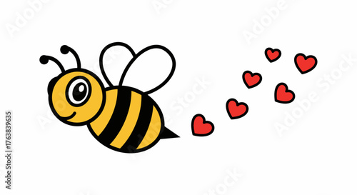 Adorable bee illustration flying with love hearts, perfect for Valentine's Day or sweet designs