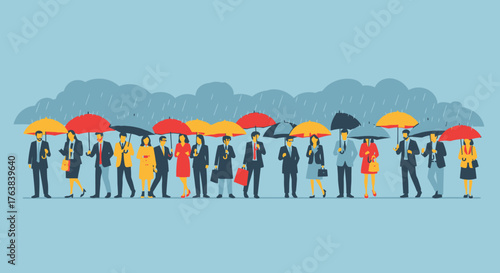 Group of diverse business people standing in a line under the rain with colorful umbrellas, a concept of community and resilience