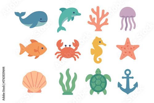 Cute marine life icons: cartoon sea creatures and nautical elements