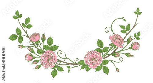 Elegant Floral Half Wreath Charming Pink Roses with Lush Green Leaves for Design