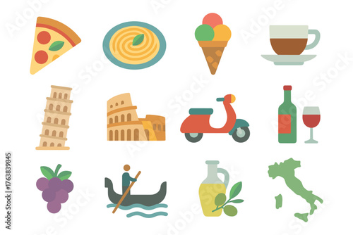 Italian cultural icons collection featuring food, landmarks, and traditional symbols in flat design