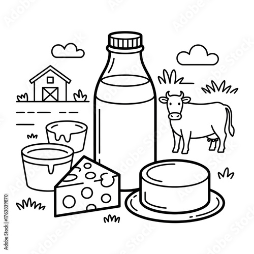 Dairy Farm Products Coloring Page Outline for Kids and Learners