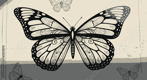 Artistic monochrome illustration of a monarch butterfly with intricately detailed wings, set against a vintage textured background