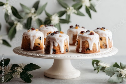 Delicious Mini Cakes on Decorative Stands With Icing and Toppings in Bright Setting