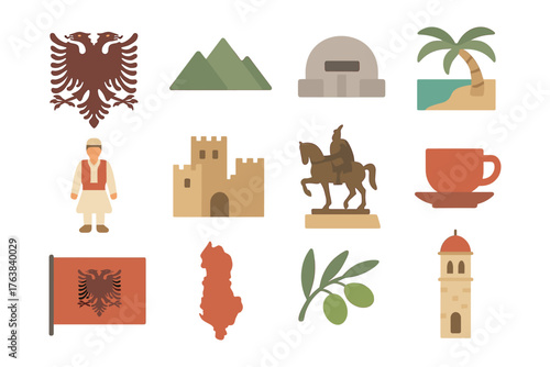Albania icons set: cultural landmarks, nature, and traditions in flat design