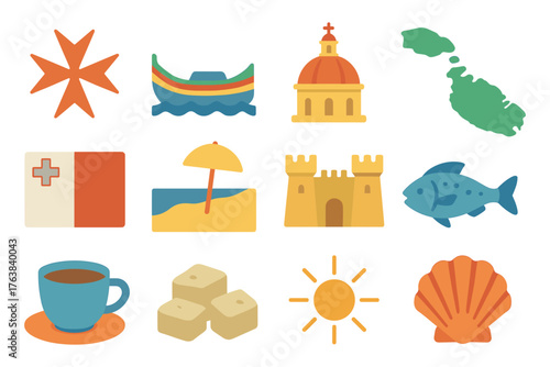 Malta icon set: cultural and natural symbols in flat design