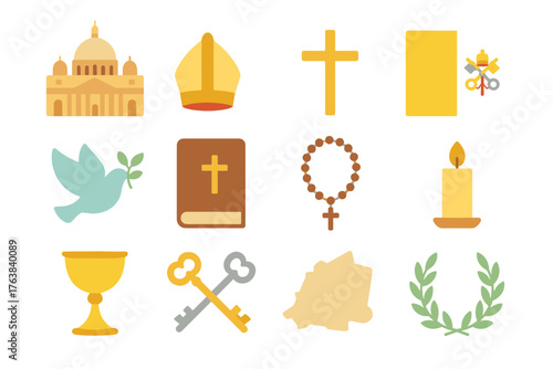 Flat religious icons set: church symbols and christian elements for design